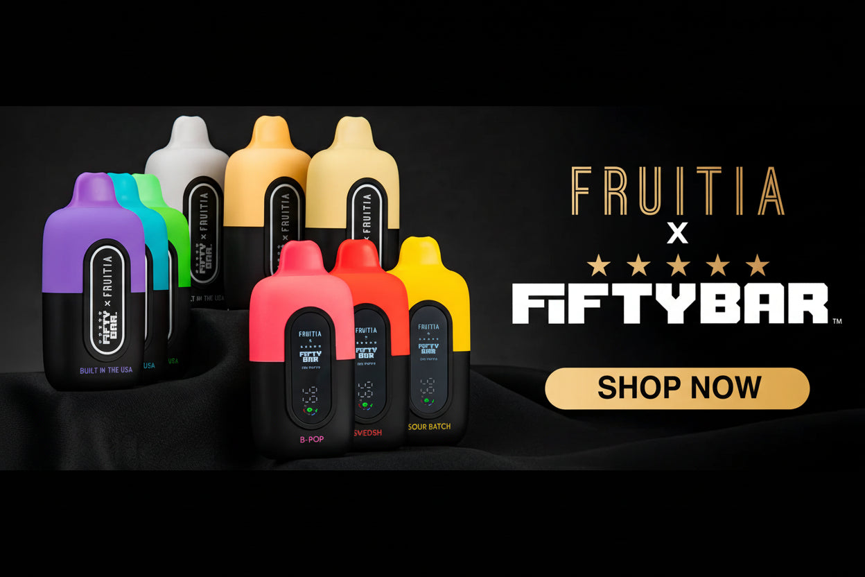 Fruitia x Fiftybar vape devices with colorful packaging on a black background