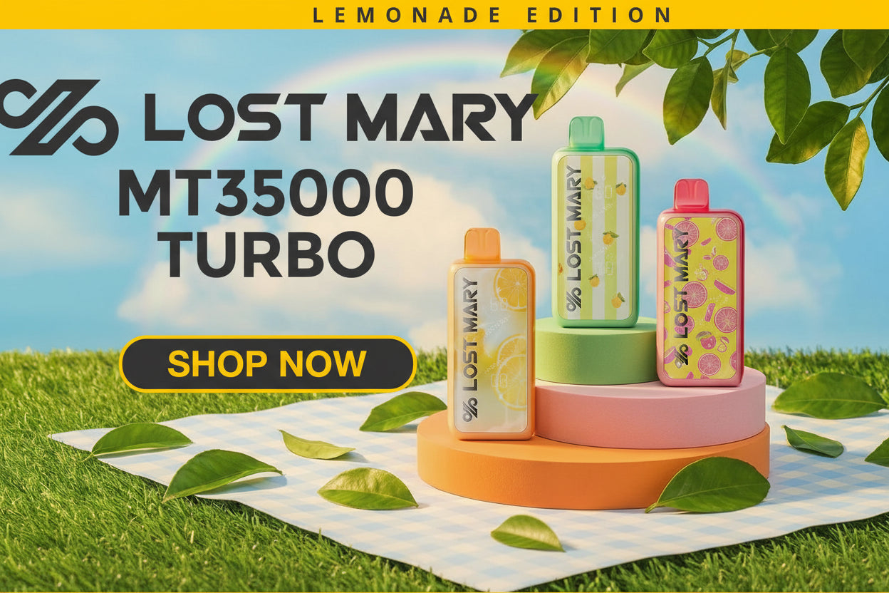 Lost Mary MT35000 Turbo vape devices on a grassy background with 'Lemonade Edition' text.