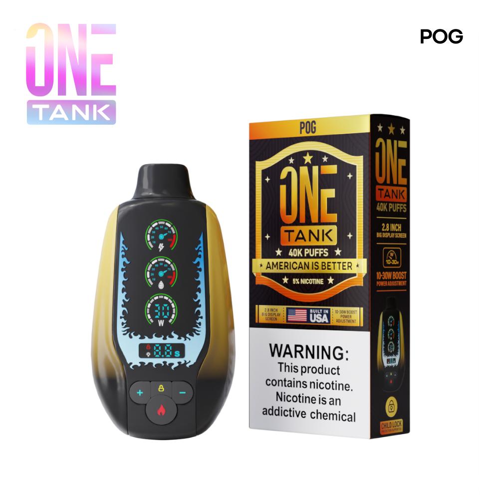One Tank 40K Disposable Vape in Pog flavor, showing device with color display and controls on a solid background.
