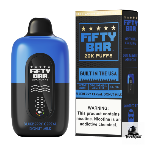 Fifty Bar Black Series 20K Disposable Vape in Blueberry Cereal Donut Milk flavor, 20000 puffs, USA-made|VK_WATERMARKED