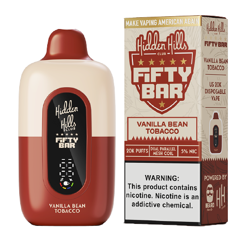 Vanilla Bean Tobacco Fifty Bar x Hidden Hills 20K disposable vape device
