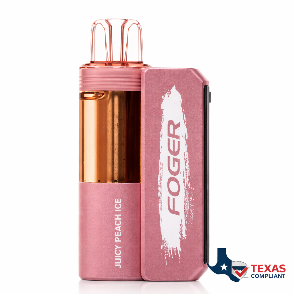 Foger Switch Pro 30K disposable vape in Juicy Peach Ice flavor, rechargeable high-puff vape device Texas compliant