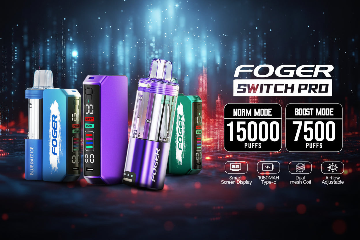 Foger Switch Pro vape devices with power display on a dark background